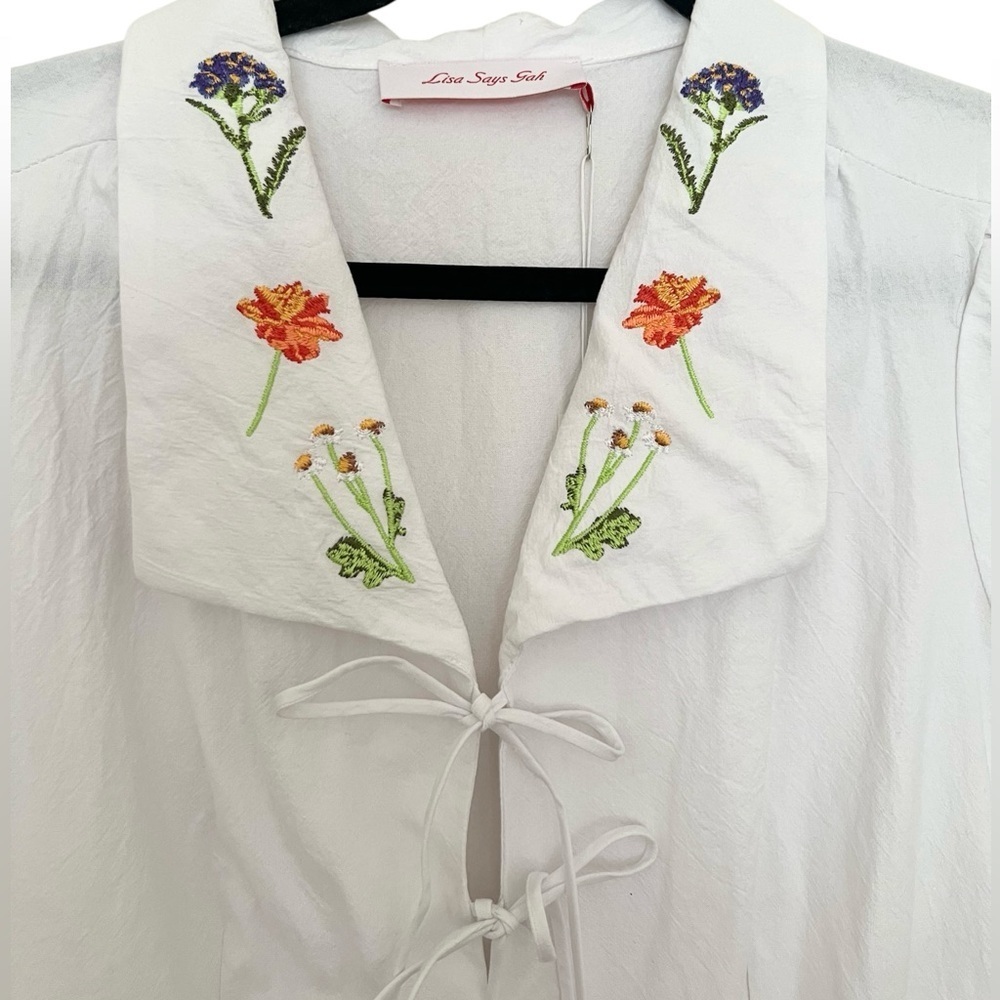 Lisa Says Gah White Alexa Shirtdress Mini Dress in Flower Bouquet NWT Large - Picture 9 of 11